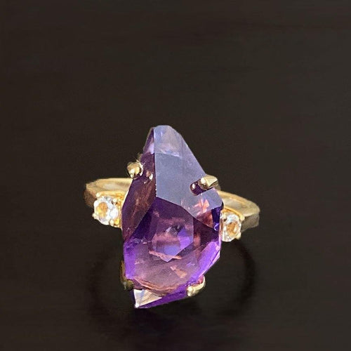 Hand facetted Raw Amethyst Statement Ring - raw carat