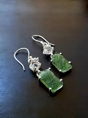 Raw Moldavite & Herkimer Diamond earring - raw carat