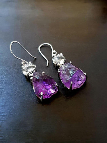 Raw Amethyst with Herkimer Diamond Earring - raw carat