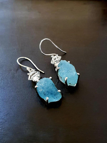 Raw Aquamarine & Herkimer Diamond earrings - raw carat