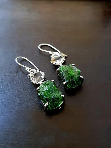 Raw Chrome Diopside & Herkimer Diamond Earring - raw carat