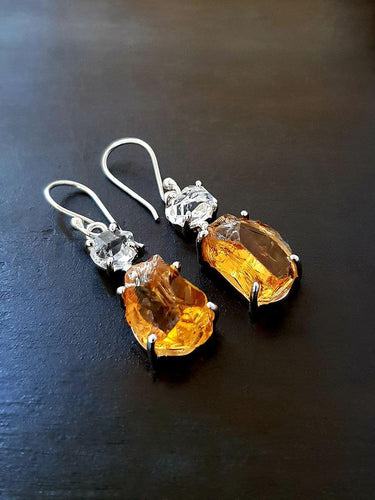 Raw Citrine & Herkimer Diamond Earrings - raw carat