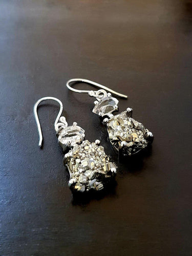 Raw Pyrite & Herkimer Diamond Earrings - raw carat
