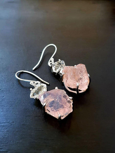 Raw Rose Quartz & Herkimer Diamond Earring - raw carat