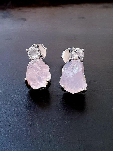 Rose Quartz & White Topaz Drop Earrings - raw carat