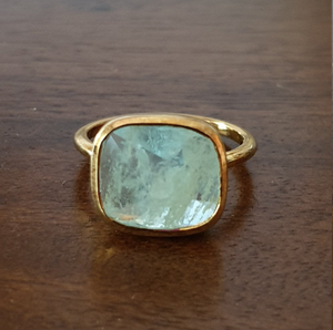 Hand facetted Raw Aquamarine Cushion Ring