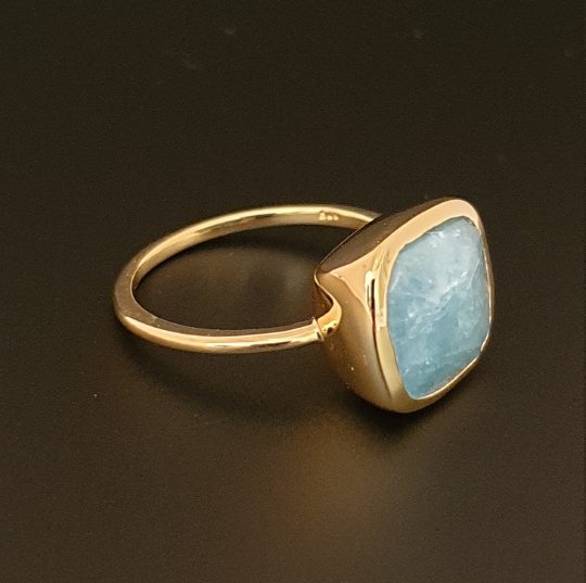 Hand facetted Raw Aquamarine Cushion Ring